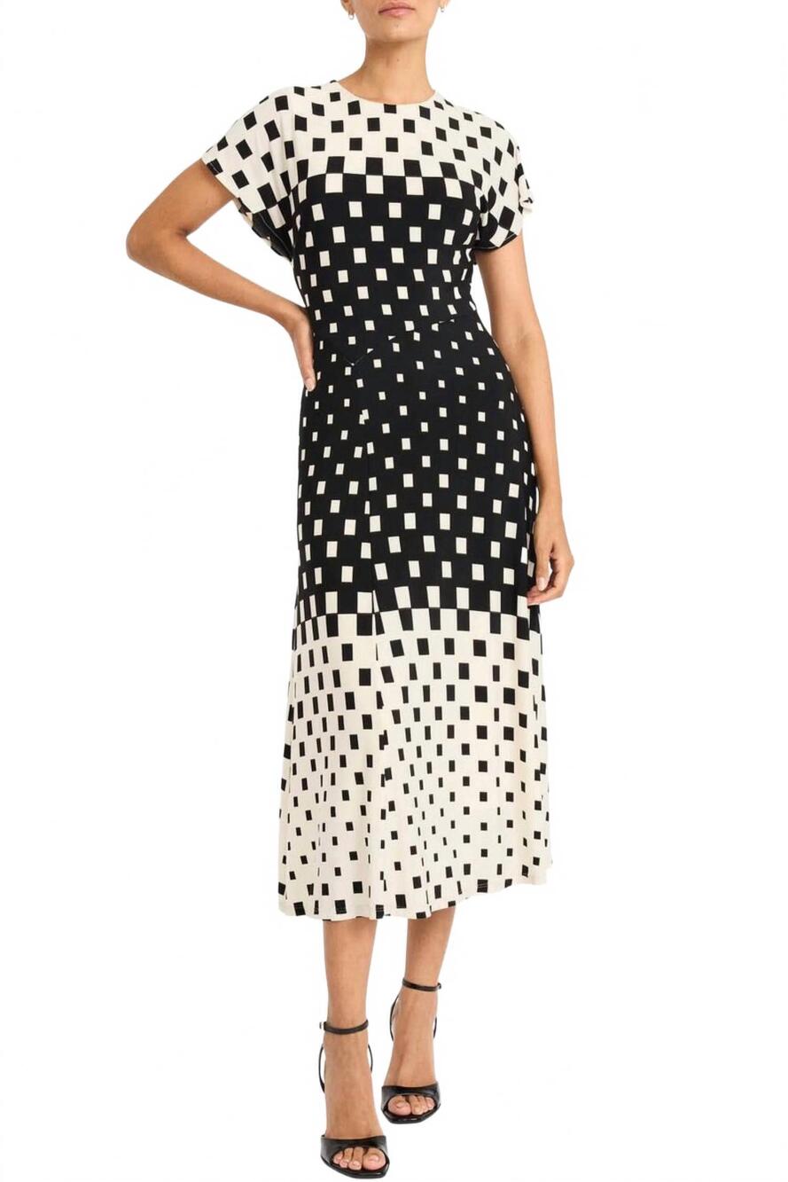 NEW MAGGY LONDON contrast geo print a-line midi dress in cream black